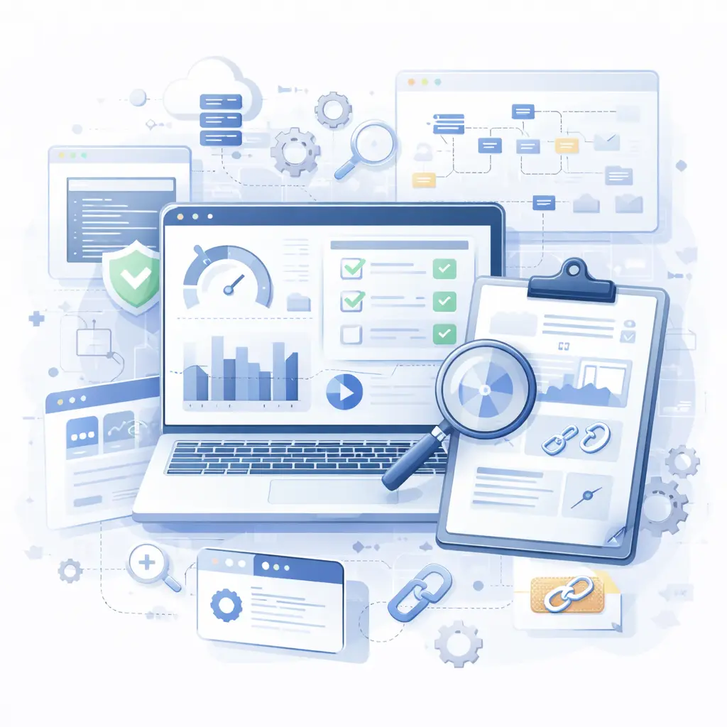 Free SEO audit illustration showing website analysis dashboard, performance checks, error detection, and optimization insights for improved search rankings