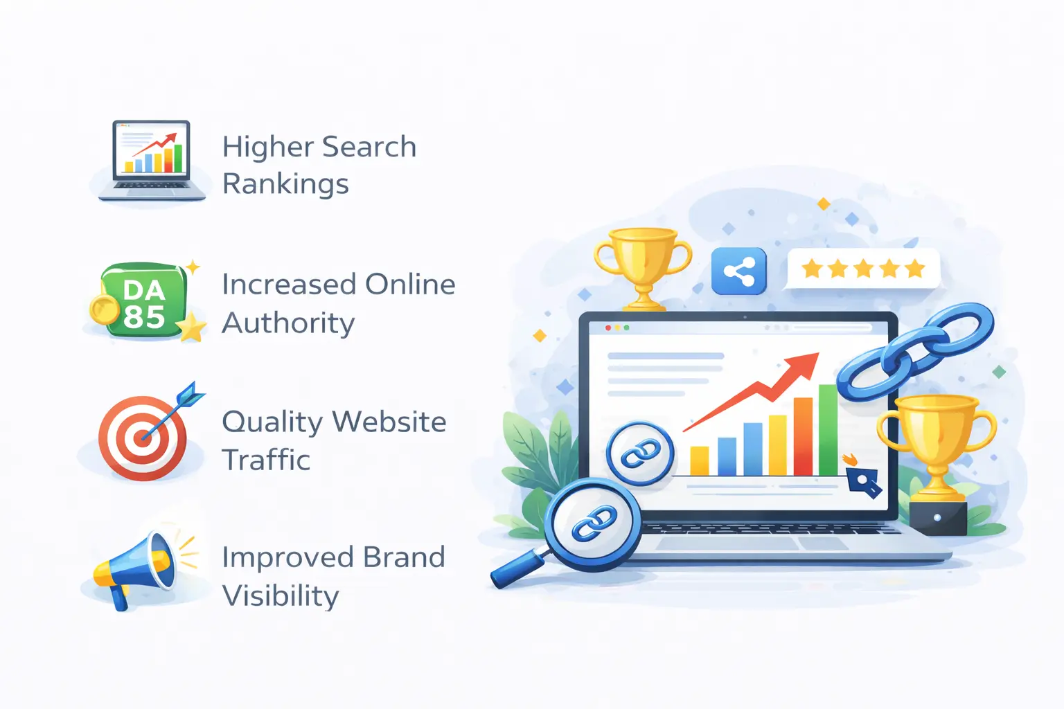 Illustration showing benefits of off-page SEO including backlink authority, improved rankings, increased website traffic, and brand visibility
