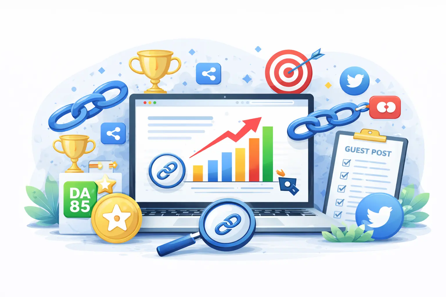 Off-page SEO services illustration showing backlink building, authority growth, and external ranking signals for search engine optimization