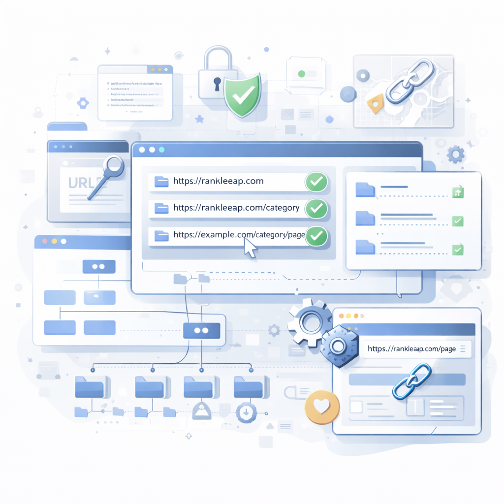 Illustration of URL and site structure optimization showing organized website hierarchy, internal linking structure, and clean navigation for SEO performance