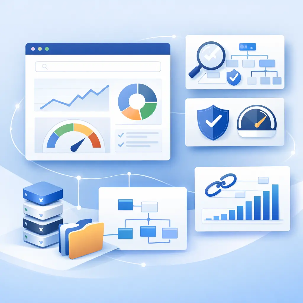 SEO audit illustration showing website analysis process with dashboard elements, performance insights, link evaluation, and optimization workflow in a clean SaaS design