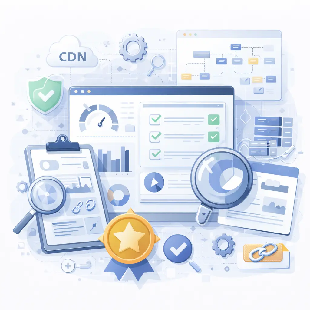 SEO audit illustration showing website performance analysis, optimization checks, and improved search visibility with clean SaaS dashboard design