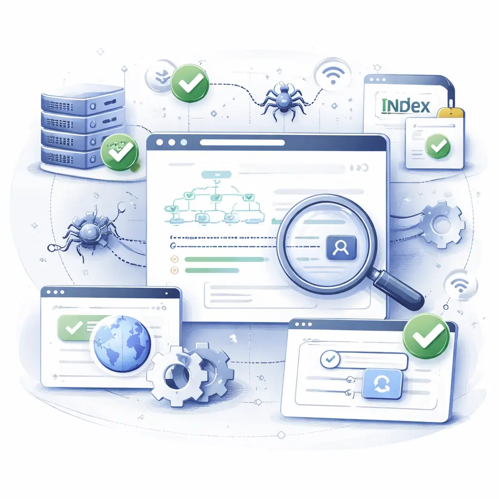 Illustration showing crawlability and indexing fixes with website structure optimization, search engine crawling process, and index status improvements