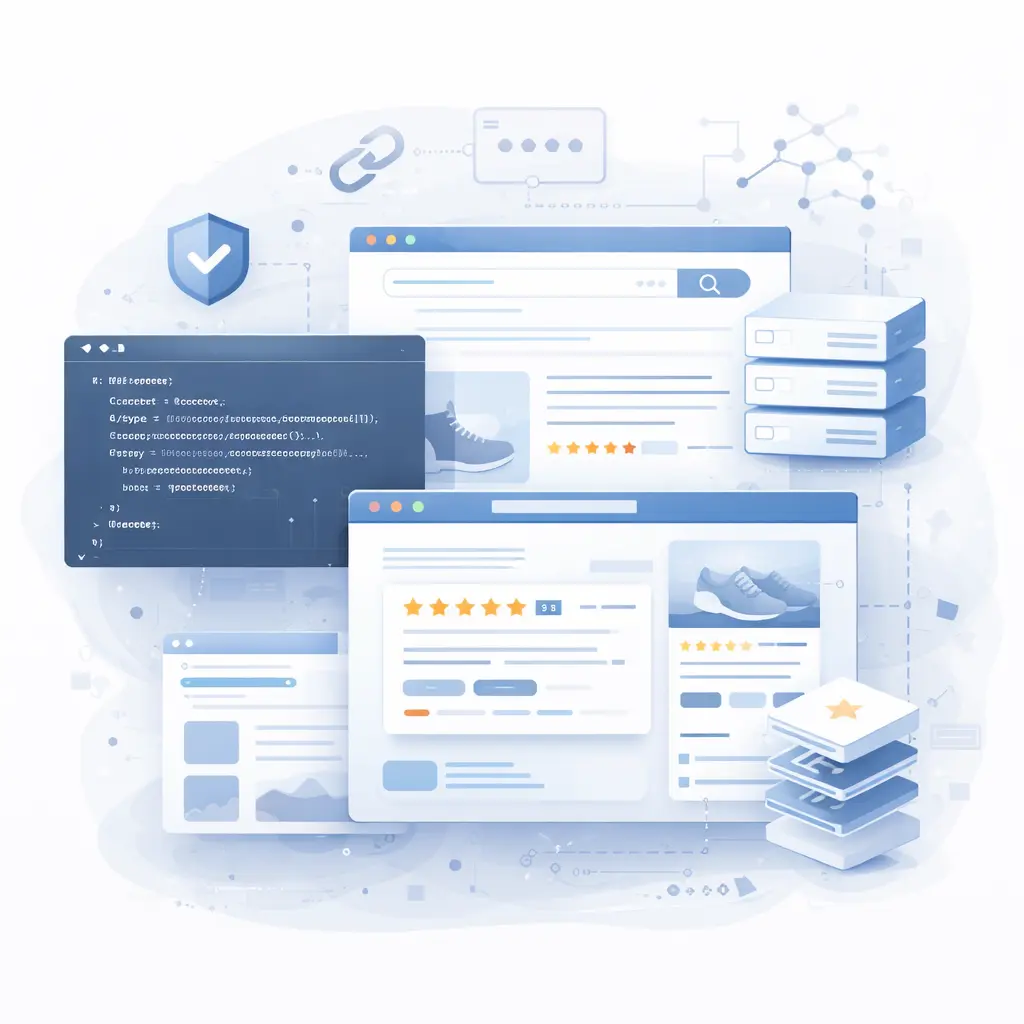 Structured data implementation illustration showing schema markup, rich snippets, and enhanced search result display for better SEO visibility