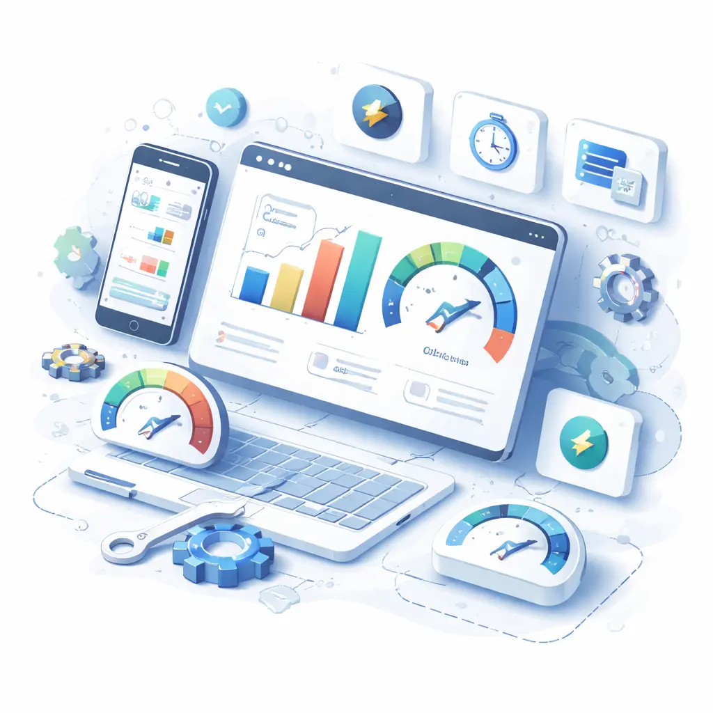Core Web Vitals optimization illustration showing website performance metrics, page speed improvements, user experience signals, and technical SEO enhancements