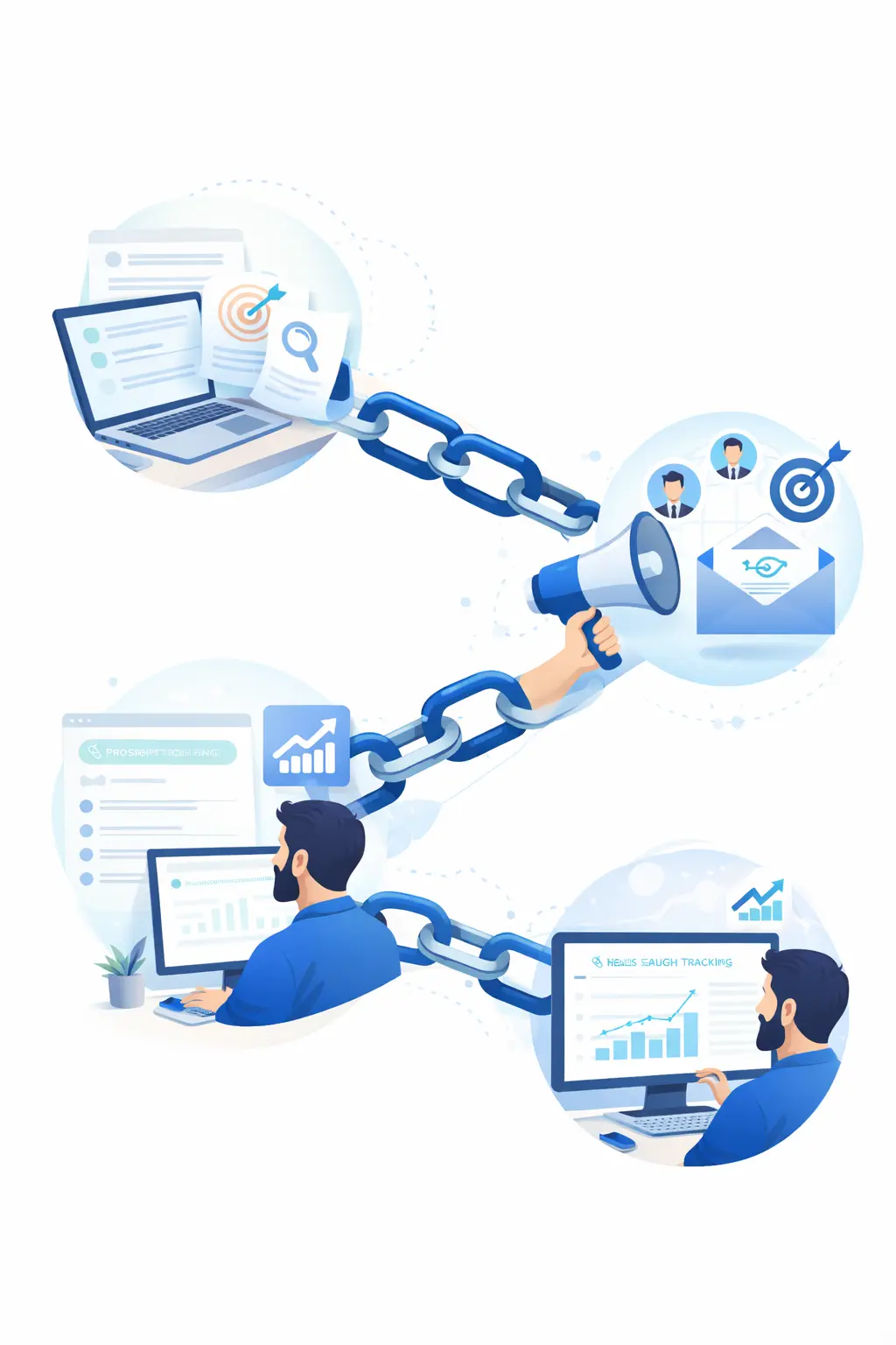 Illustration of link building process including prospecting, outreach, and backlink tracking to improve SEO performance