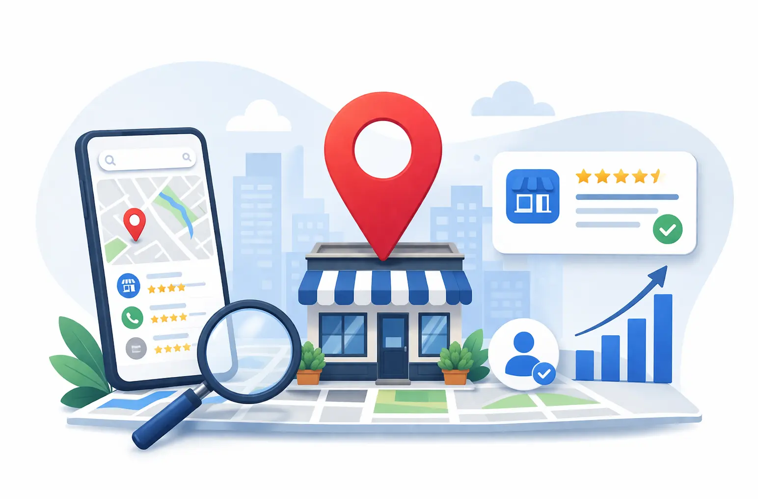 Illustration explaining local SEO services with map location pin, search optimization, and business listing visibility concept