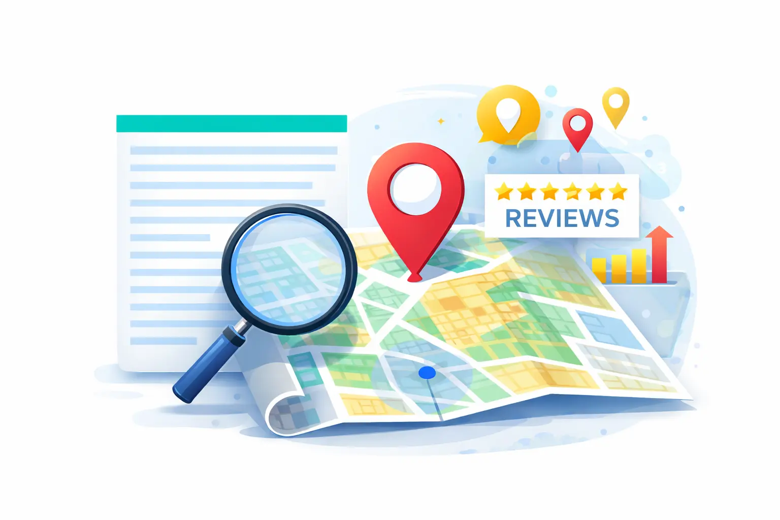 Local SEO services illustration showing map optimization, location pin targeting, and business review growth for local search rankings