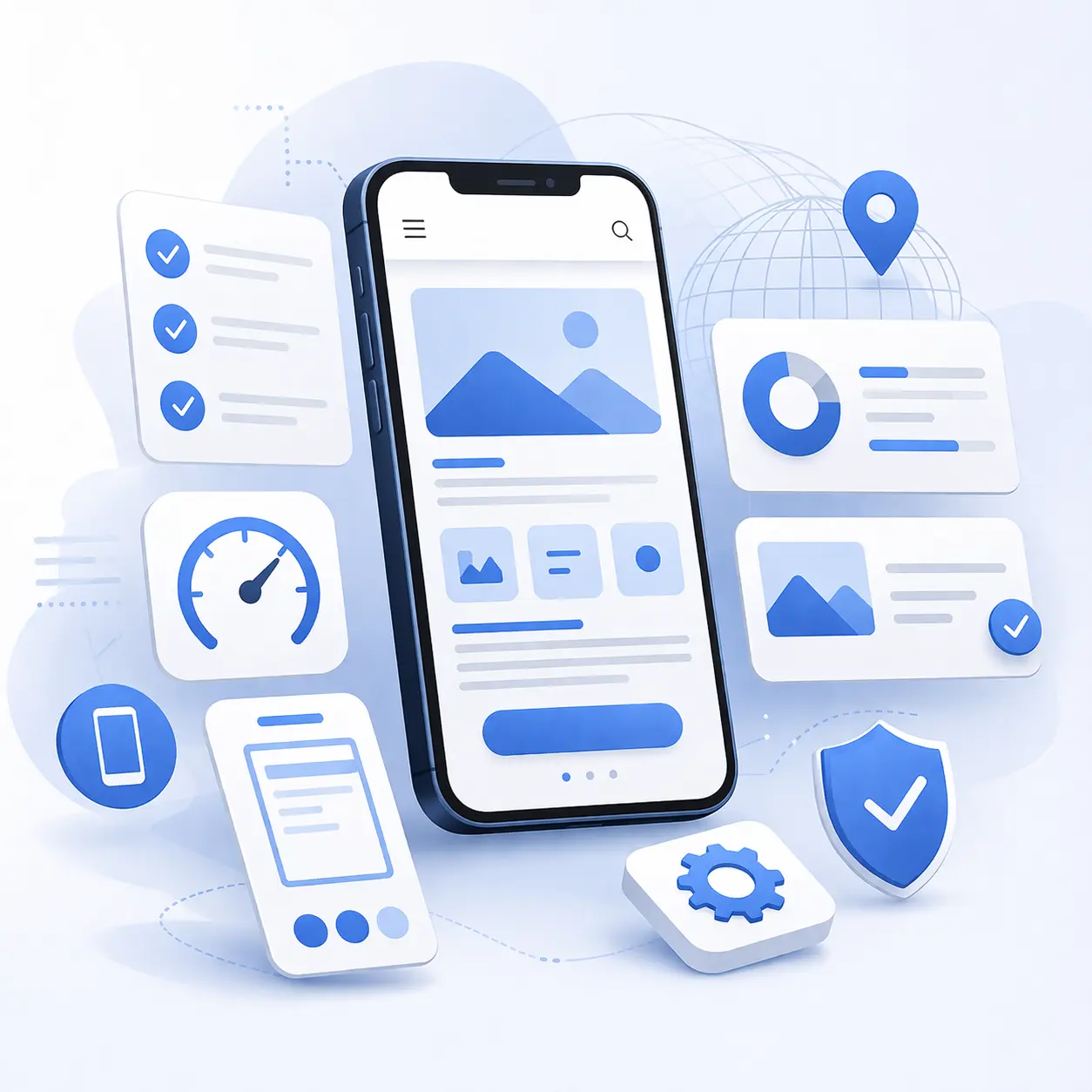 Mobile optimization illustration showing responsive design, mobile-friendly layout, performance optimization, and cross-device user experience