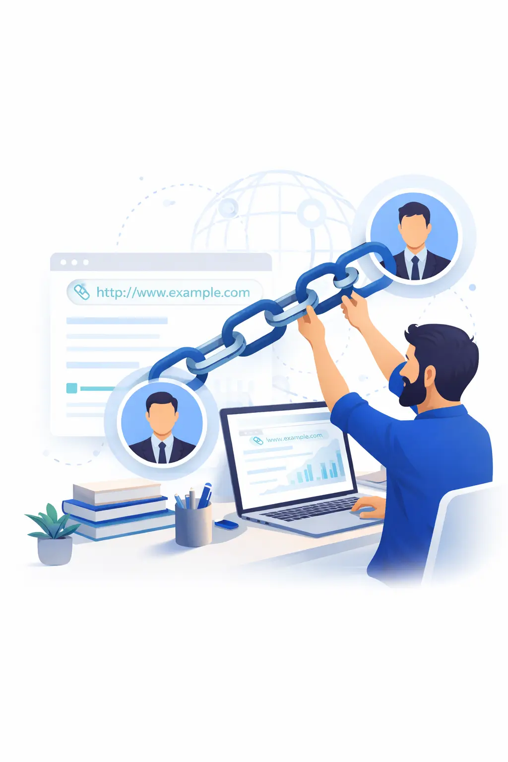 Backlink building concept with connected websites improving domain authority