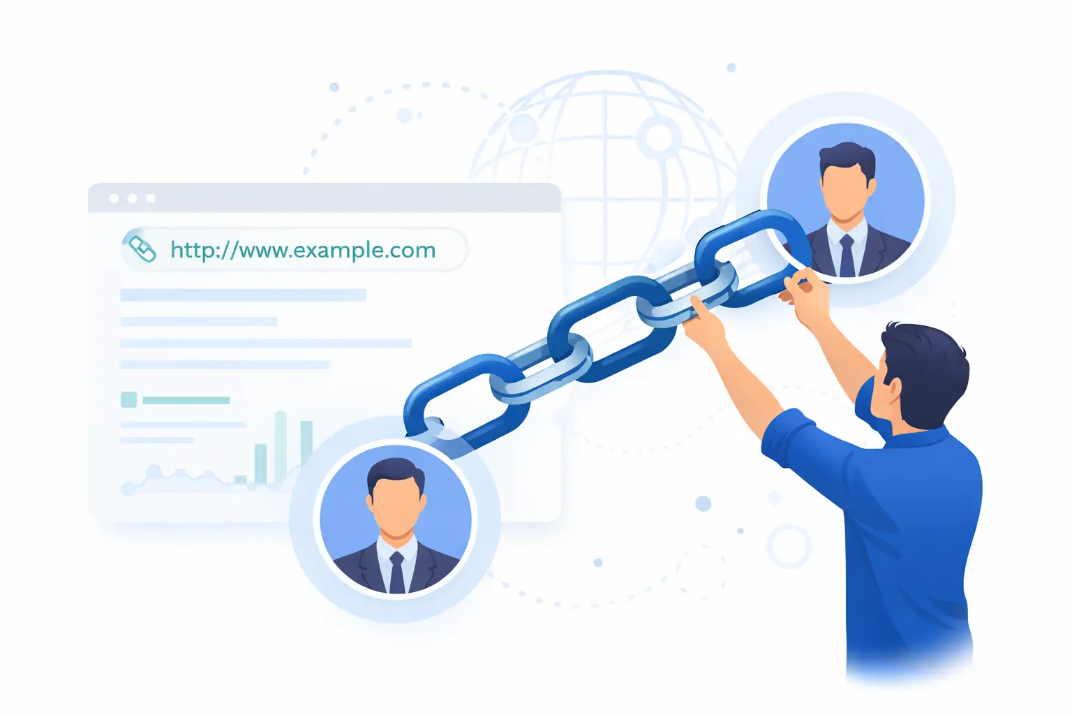 Illustration of link building services showing website connections, backlinks, and SEO authority growth.