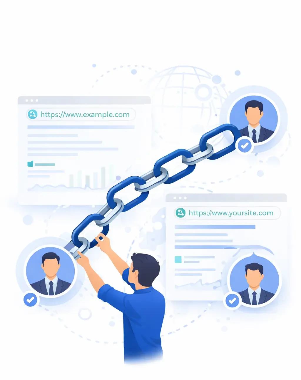 Illustration of link building process connecting websites with backlinks and SEO authority growth