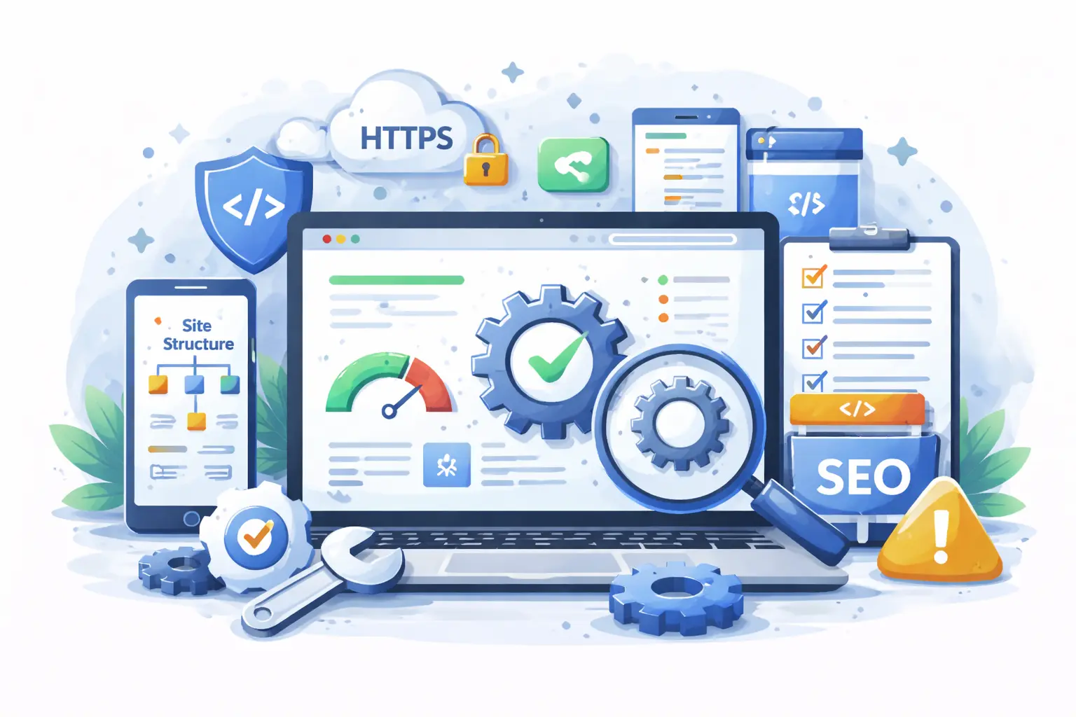 Technical SEO services illustration showing website audit, site structure optimization, page speed improvement, and search engine indexing setup