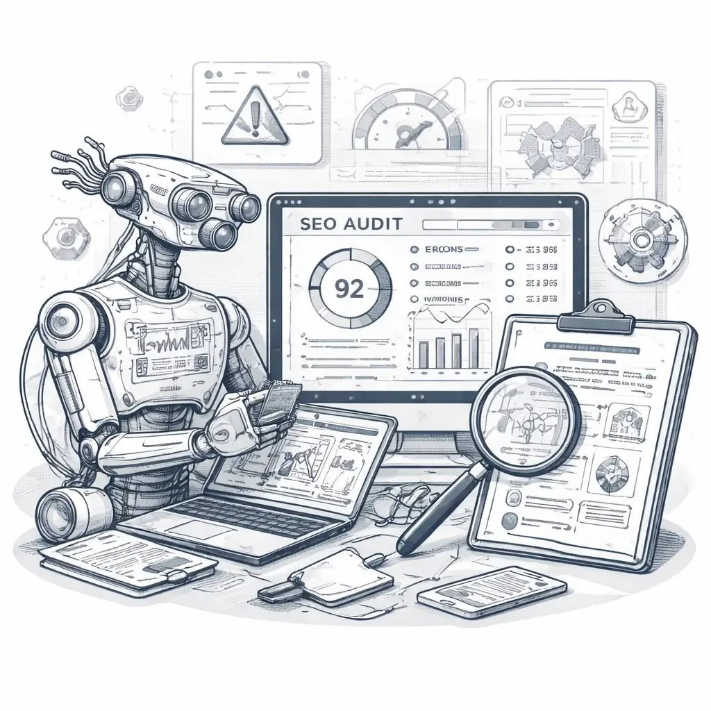 Technical site audit illustration showing SEO analysis dashboard, error detection, performance metrics, and website audit reporting tools