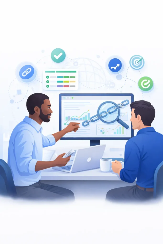 Team analyzing a unique link building strategy with SEO data, backlinks, and performance metrics on screen