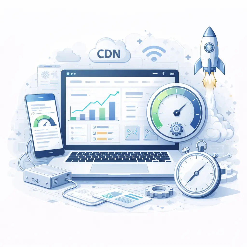 Website speed optimization illustration showing performance dashboard, fast loading website, CDN delivery, and improved page speed efficiency