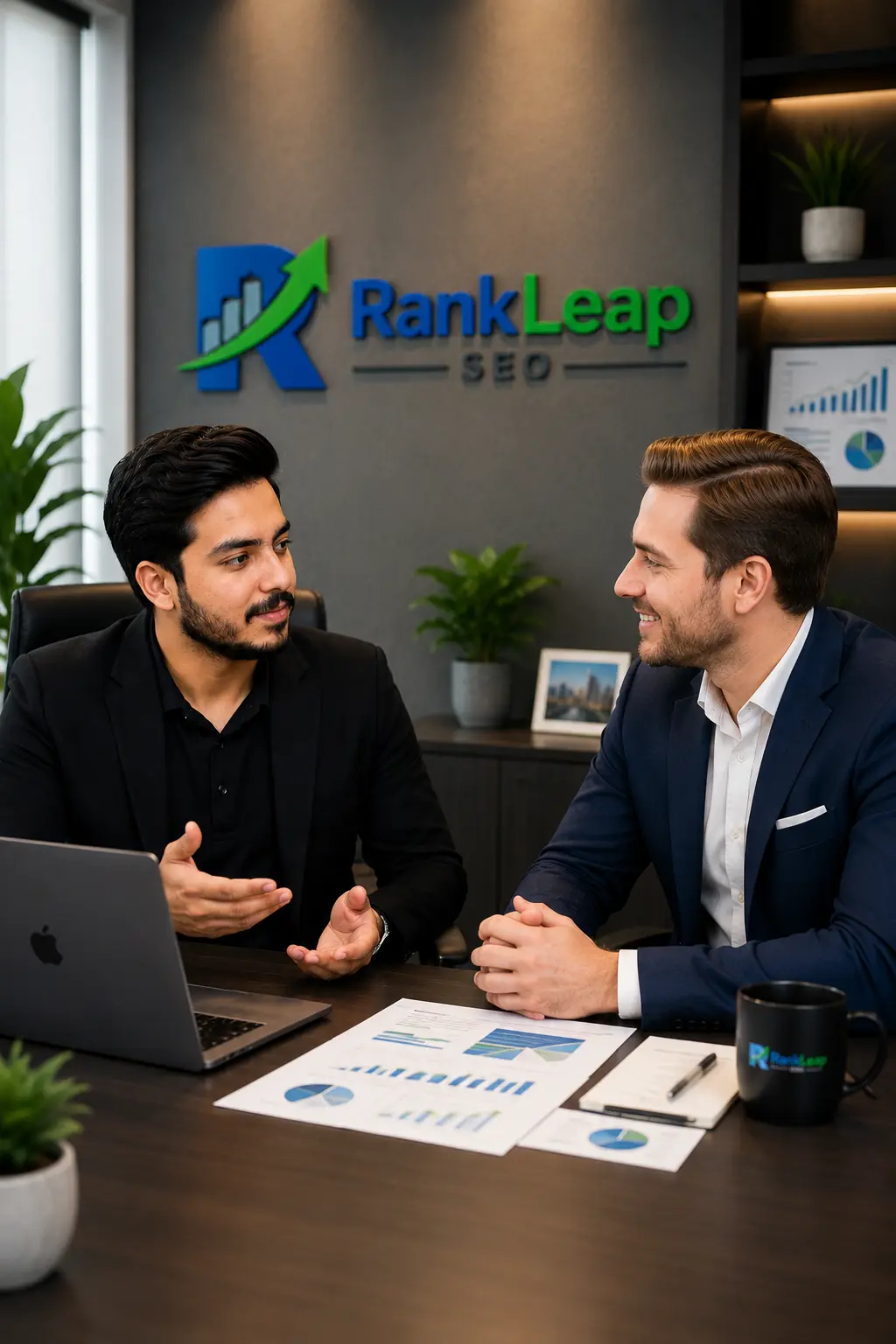 Professional SEO consultation meeting between RankLeap expert and international business client discussing growth strategies