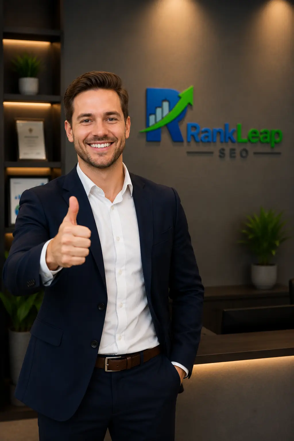 Happy international client standing in RankLeap SEO office showing satisfaction after successful search engine optimization and digital marketing results