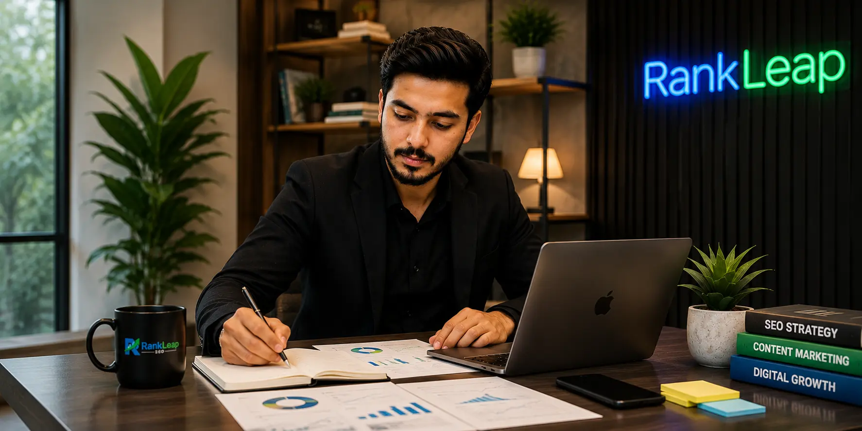 RankLeap SEO founder developing digital marketing strategies and analyzing business growth opportunities in a modern office workspace