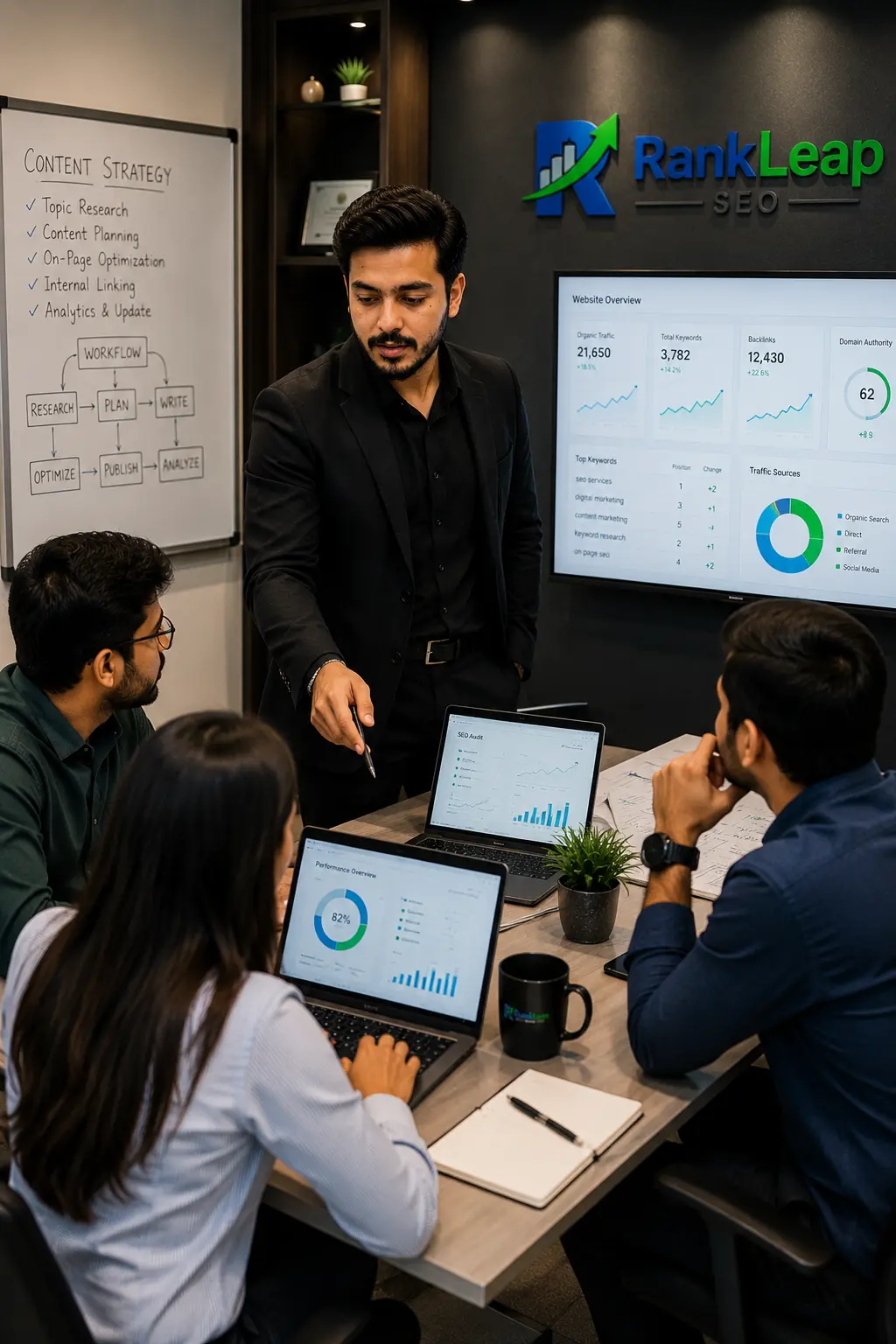 RankLeap SEO founder leading a strategic planning meeting with digital marketing team members reviewing campaign performance and growth opportunities