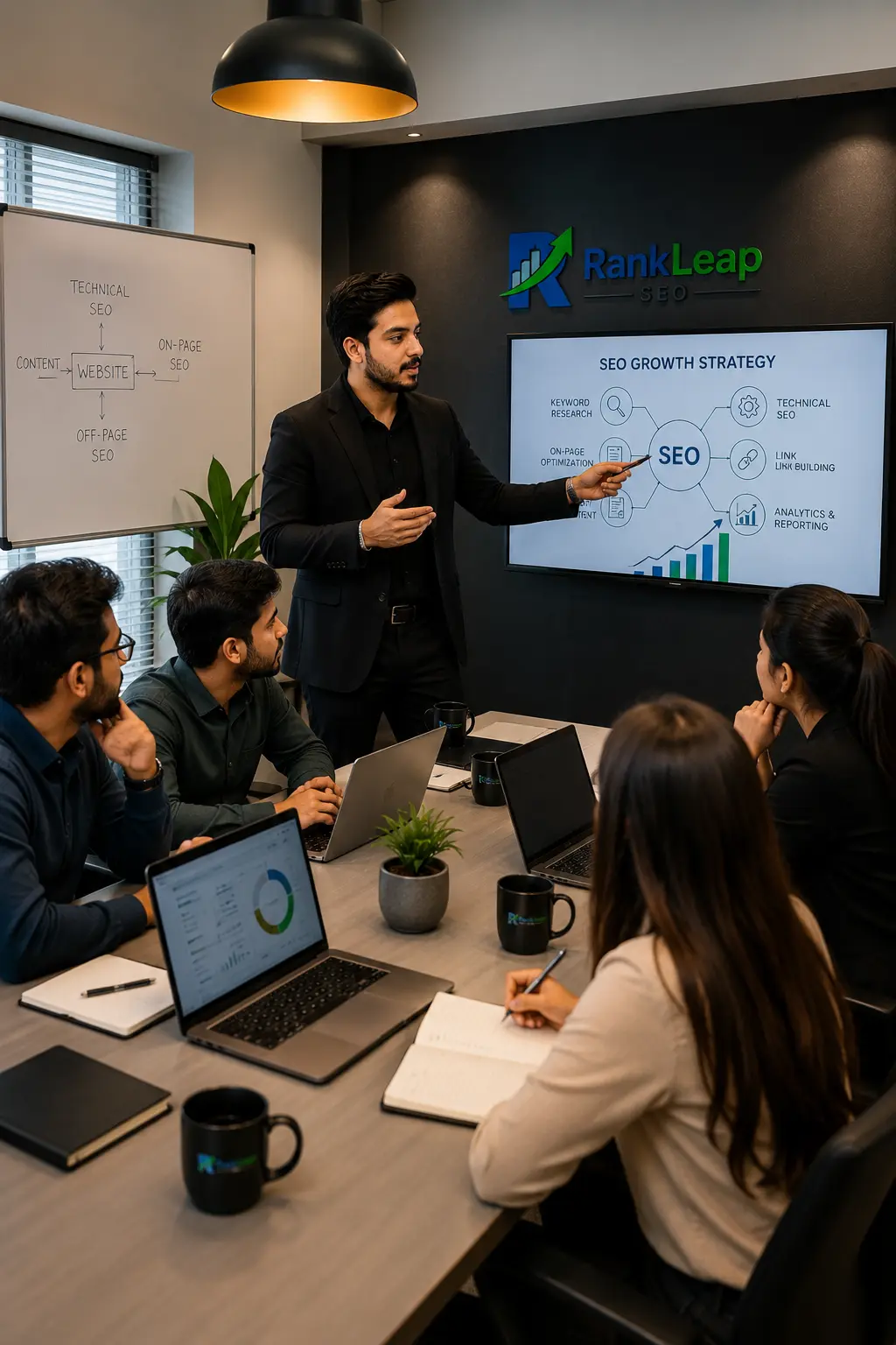 RankLeap SEO team training session with agency founder presenting advanced search engine optimization strategies to digital marketing specialists